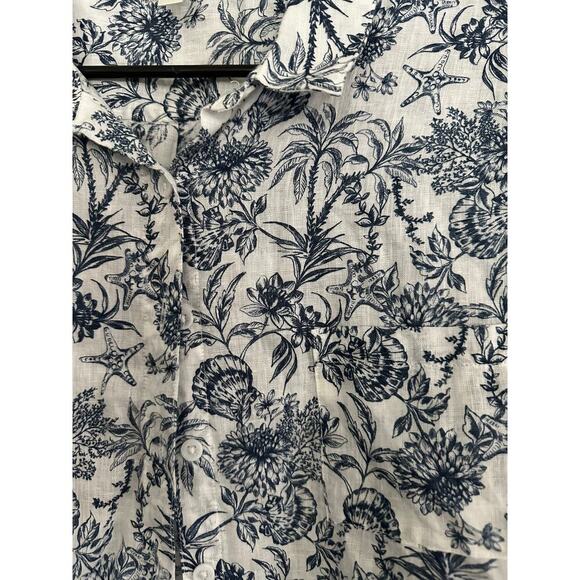 Garnet Hill White Blue Salt Sea Floral Print Linen Button Down Shirt Size 18 - Picture 7 of 9